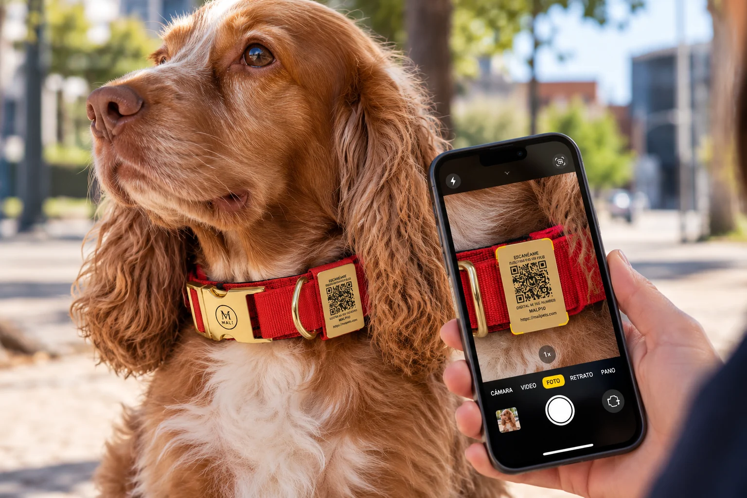 Perro con Smart Collar QR MaliPets rojo mientras una persona escanea su placa QR con el celular